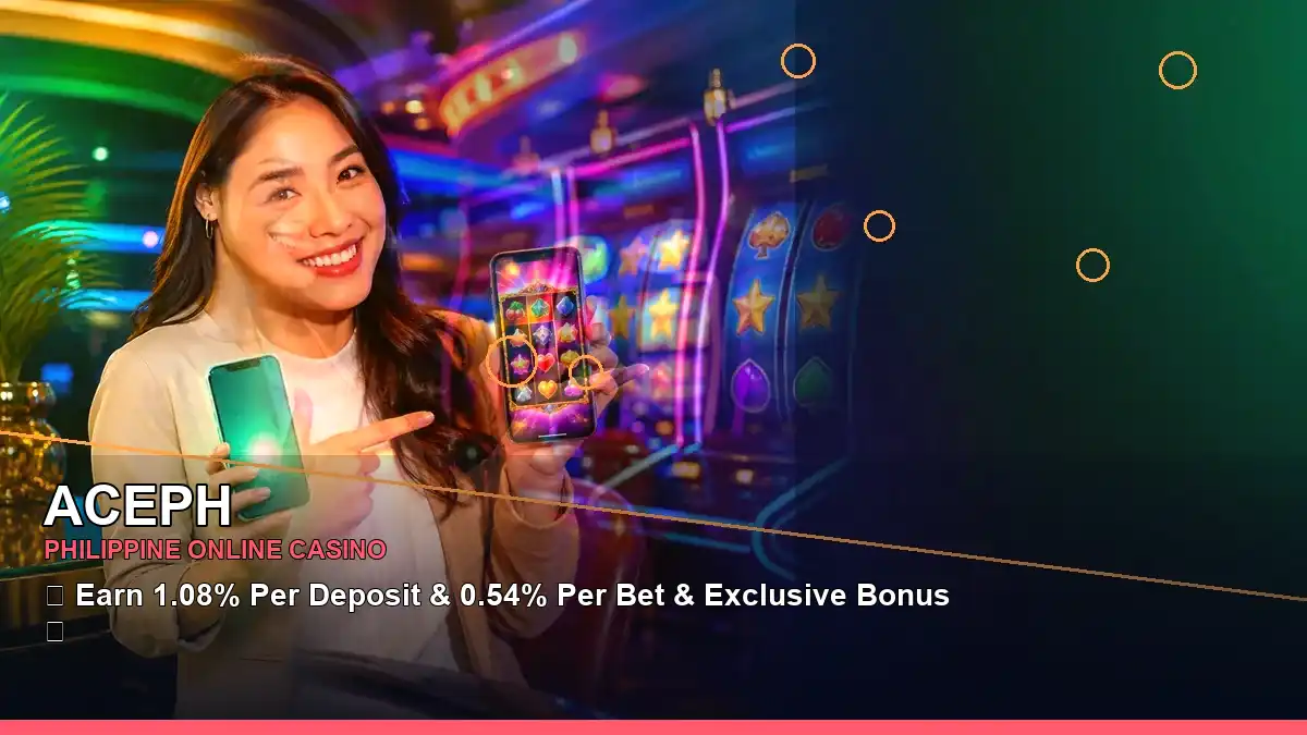 ACEPH online slot games with an adventurous theme and an adult Filipina casino host in a close-up visual composition
